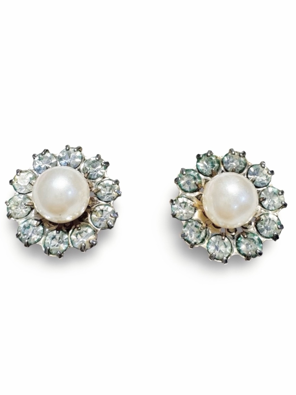 Vintage Napier Faux Pearl Glass Rhinestone Pierced Earrings Signed